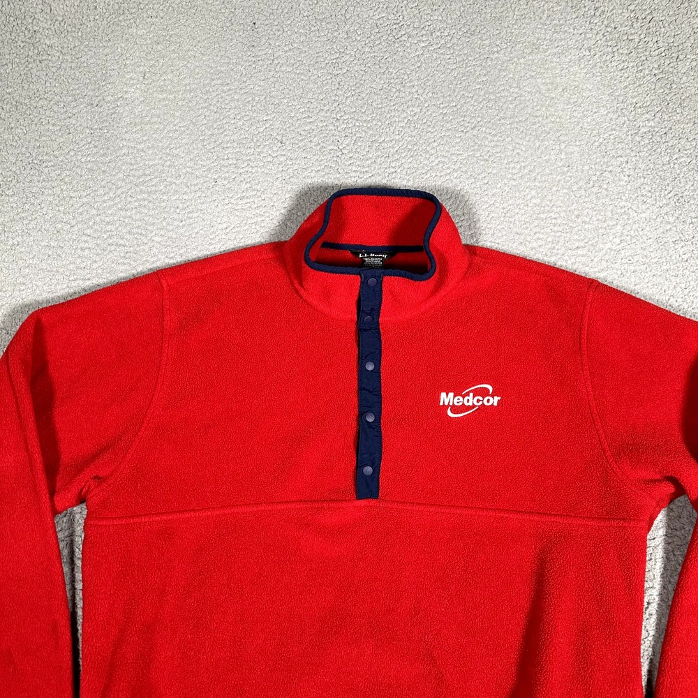 LL Bean Sweater Mens Large Red Fleece Snap Tee Casual Preppy Logo Warm Polyester - Picture 3 of 12
